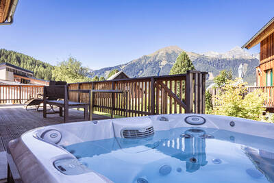 Vakantiehuis met whirlpool op de veranda van een vakantiehuis op Alps Resorts Almdorf Hohentauern