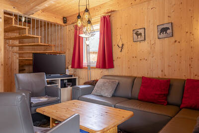 Knusse woonkamer met tv in een chalet op Alps Resorts Almdorf Stadl