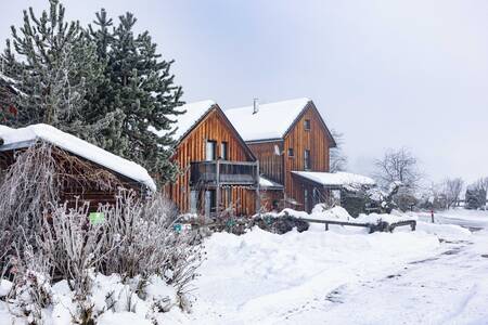 Winterfoto van vrijstaande houten vakantiehuizen op Alps Resorts FerienPark Kreischberg